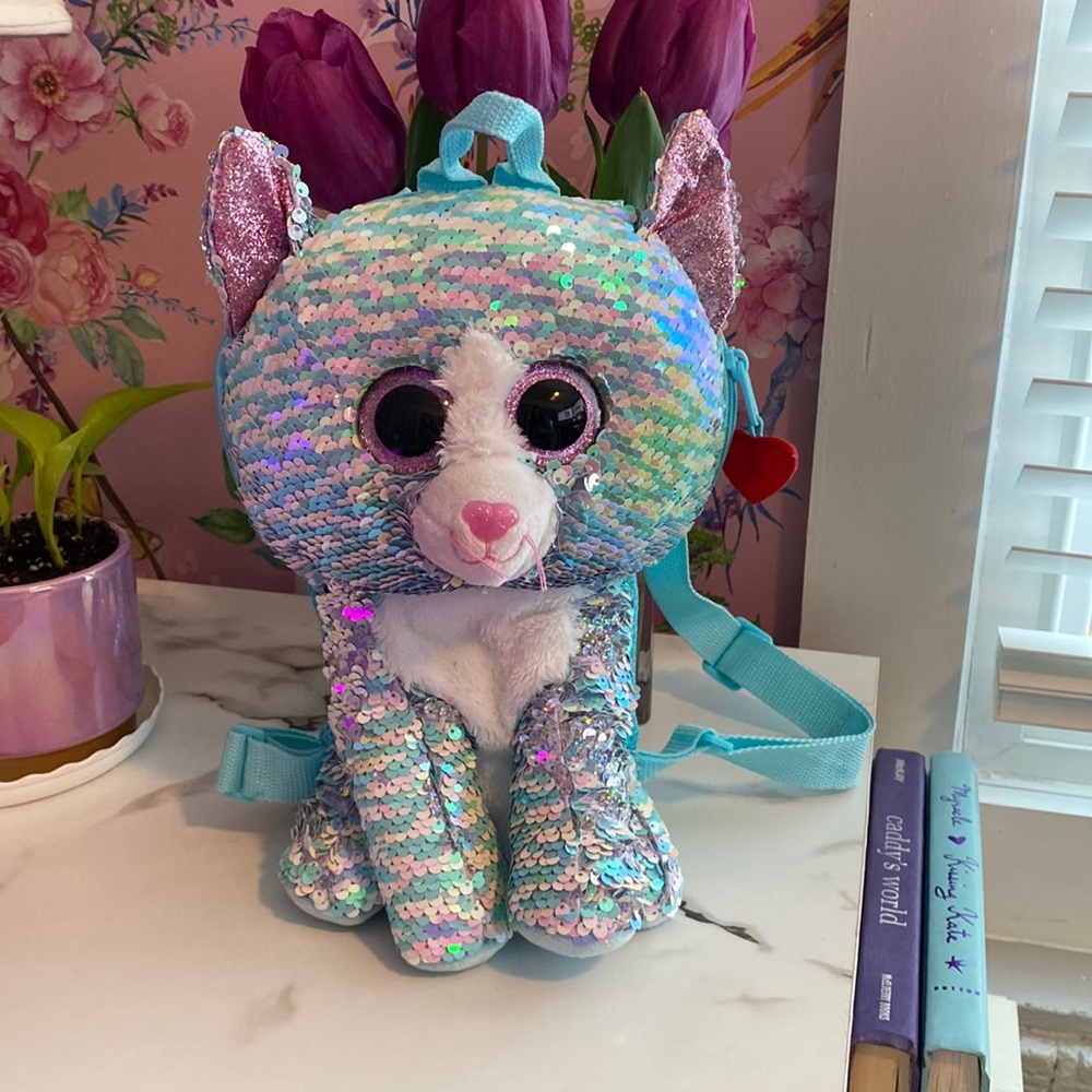 Beanie Boo “Whimsy” Cat Blue Sparkly Flippy Sequin Backpack